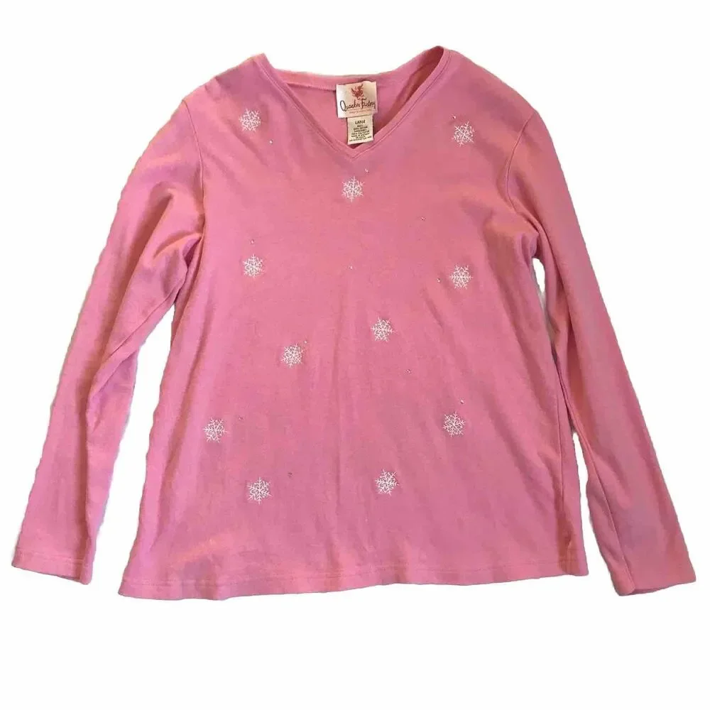 QUACKER FACTORY Top Large Pink Long Sleeve V-Neck Snowflakes SEQUINS EMBROIDERY